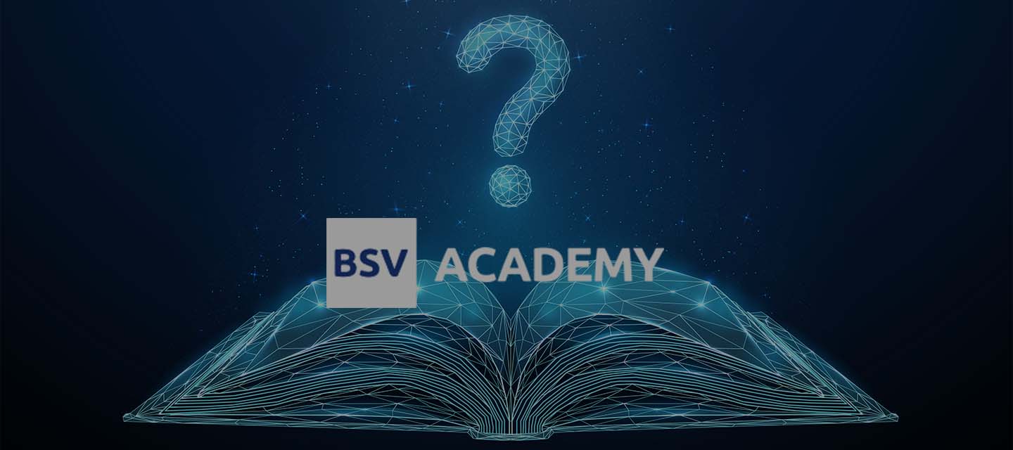 BSV Academy Logo over book and question mark wireframe