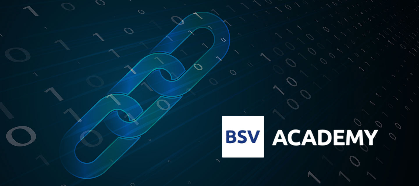 BSV Academy Logo over digital chain and binary matrix