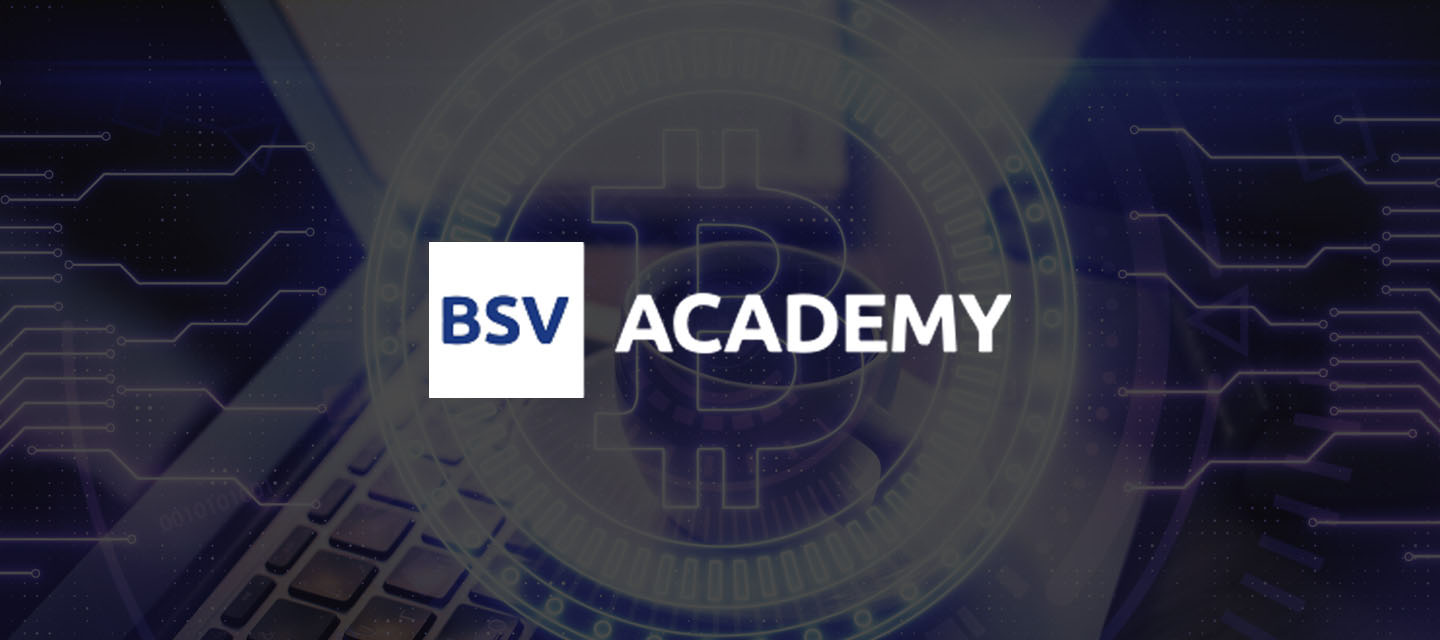 BSV Academy Logo over bitcoin display and laptop
